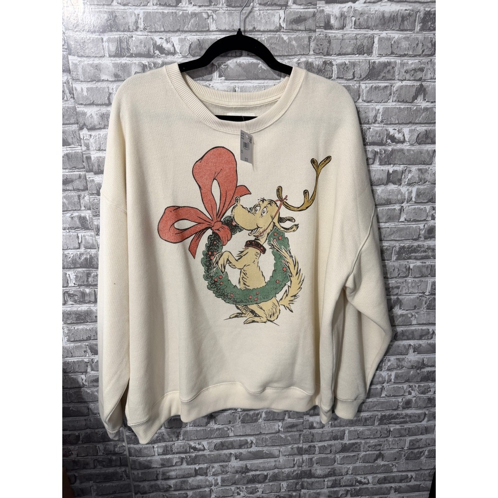 American Eagle Dr Seuss The Grinch Max Dog Christmas Sweatshirt Cream XL NWT